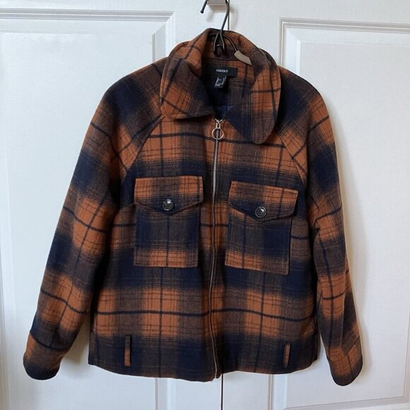 Forever 21 Fleece Plaid Jacket Womens M Full Zip Brown Blue Fall Shacket - Picture 1 of 6